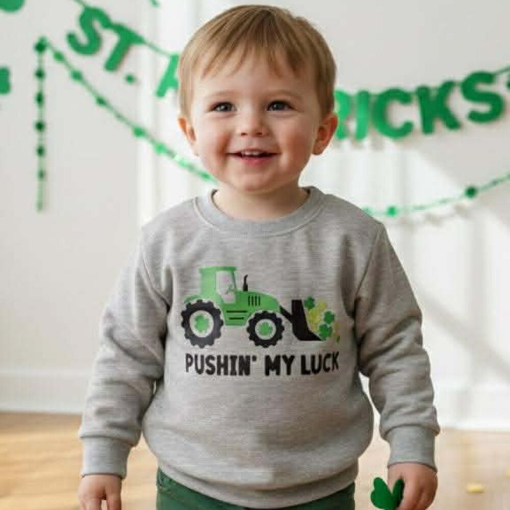 Boys’ St. Patrick’s Day “Pushin’ My Luck” Tractor Design Sweatshirt
